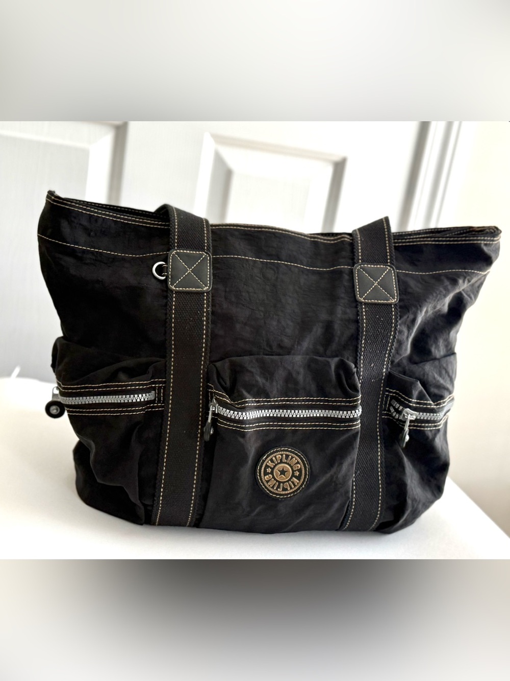 Kipling Black Canvas Tote with Triple Front Zips